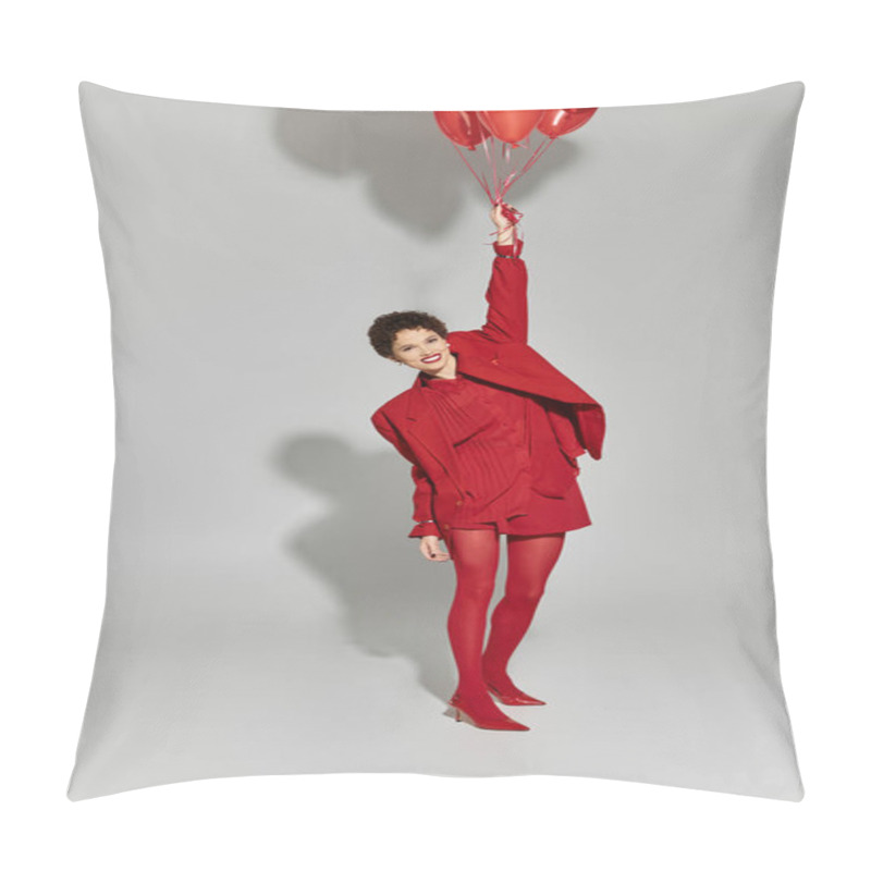 Personality  Brightly Dressed Woman Enjoys A Fun Moment While Playfully Holding Balloons, Radiating Happiness. Pillow Covers