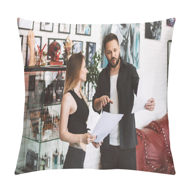 Personality  Professional Tattooer And Tattooed Girl Discussing New Tattoo Sketches Spending Time In Modern Tattoo Studio Pillow Covers