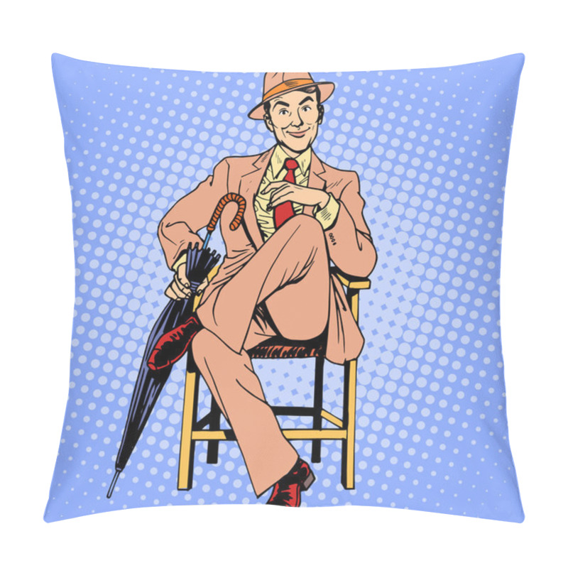 Personality  Elegant Man With An Umbrella Sitting On The Stool Pillow Covers