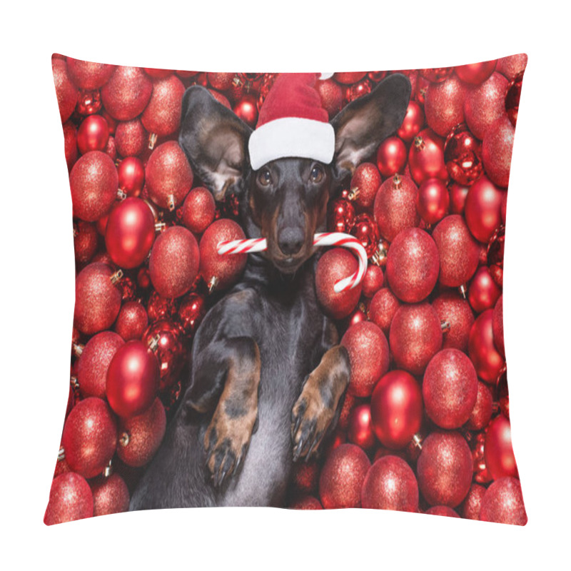 Personality  Christmas Santa Claus Dog And Xmas Balls Or Baubles As Backgroun Pillow Covers