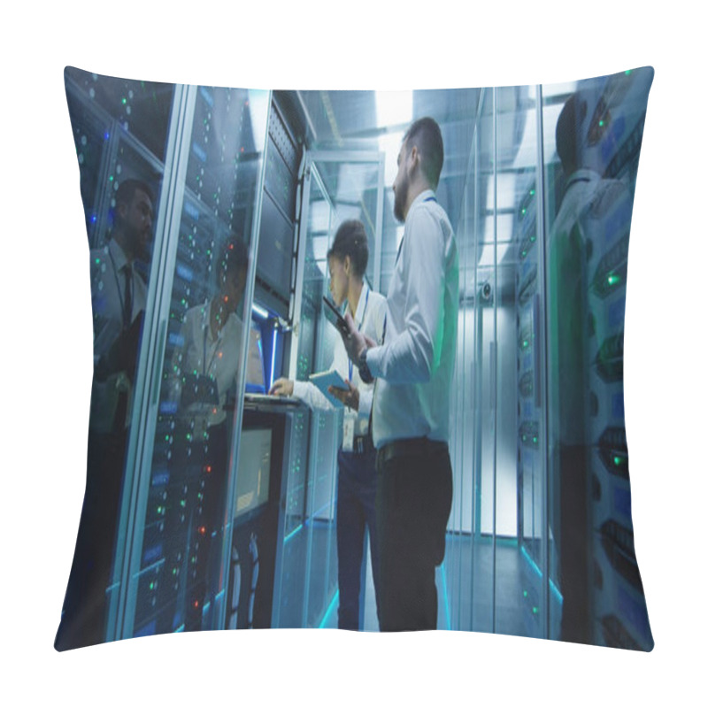 Personality  Diverse Colleagues With Tablets In Data Center Pillow Covers