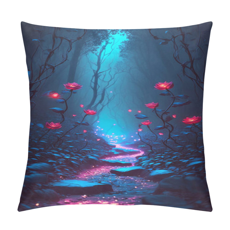 Personality  Fantasy Beautiful Blooming Pink Roses Flower In The Garden With Moonlight Background. 3D Rendering Image. Pillow Covers