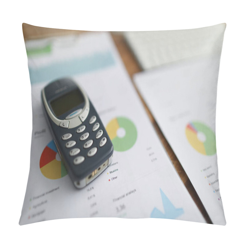 Personality  Nokia 3310 Mobile Phone Lying On Documents With Graphs Closeup Pillow Covers