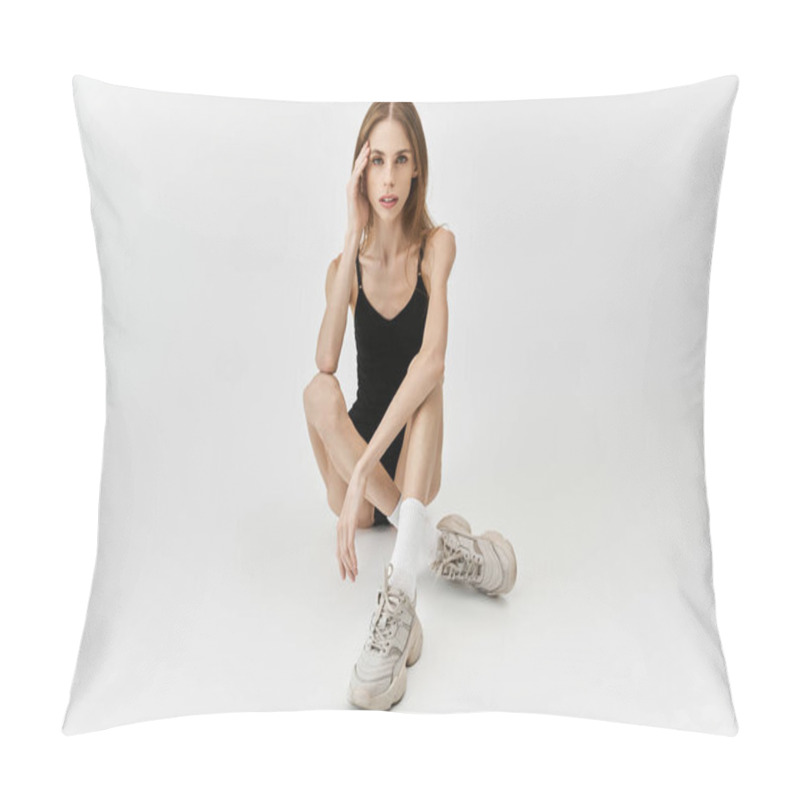 Personality  Young Woman Sits On The Floor, Showing Vulnerability Amidst Her Battle With Anorexia And Self Image. Pillow Covers