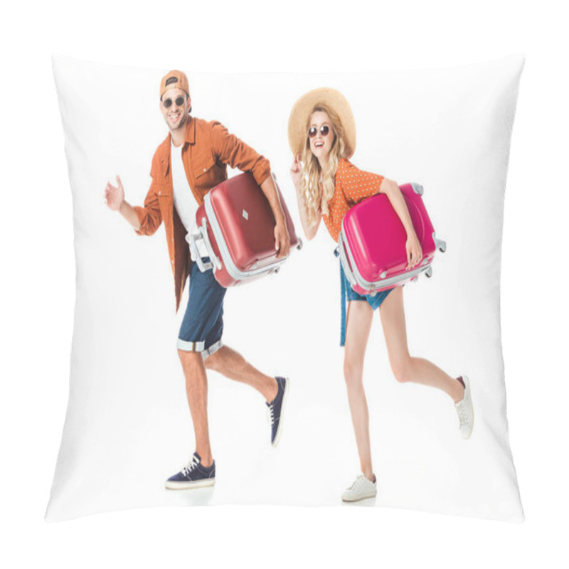 Personality  Side View Of Happy Couple Running With Travel Bags Isolated On White Pillow Covers