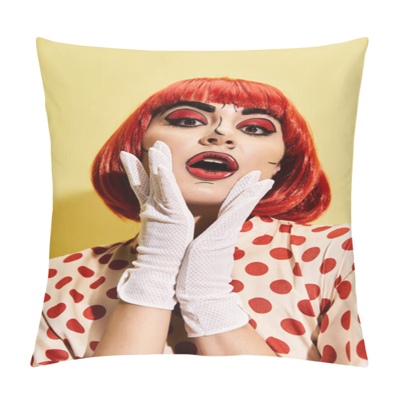 Personality  A Vibrant Redhead Donning White Gloves, Pop Art Makeup, And A Polka Dot Blouse, Resembling A Character From Comics. Pillow Covers