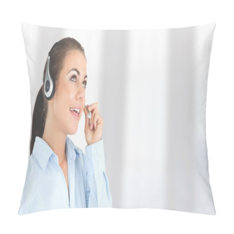 Personality  Digital Composite Of Customer Service Woman With Bright Background In Call Center Pillow Covers