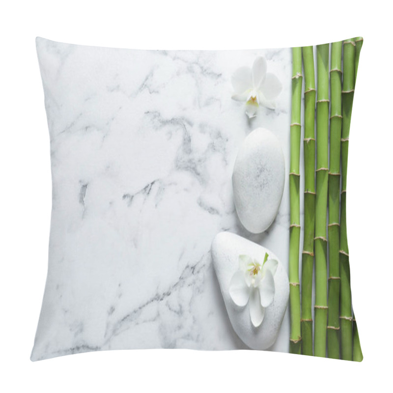 Personality  Flat Lay Composition With Green Bamboo Stems On Marble Background. Space For Text Pillow Covers