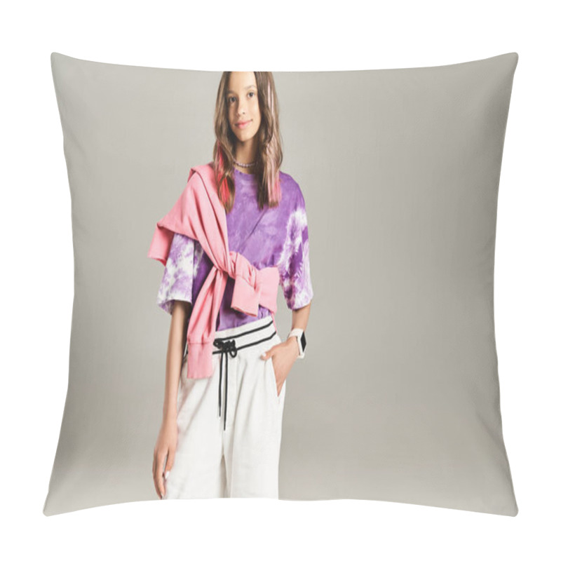 Personality  A Good Looking Teenage Girl Strikes A Dynamic Pose In Stylish Attire, Wearing A Purple Shirt And White Pants. Pillow Covers