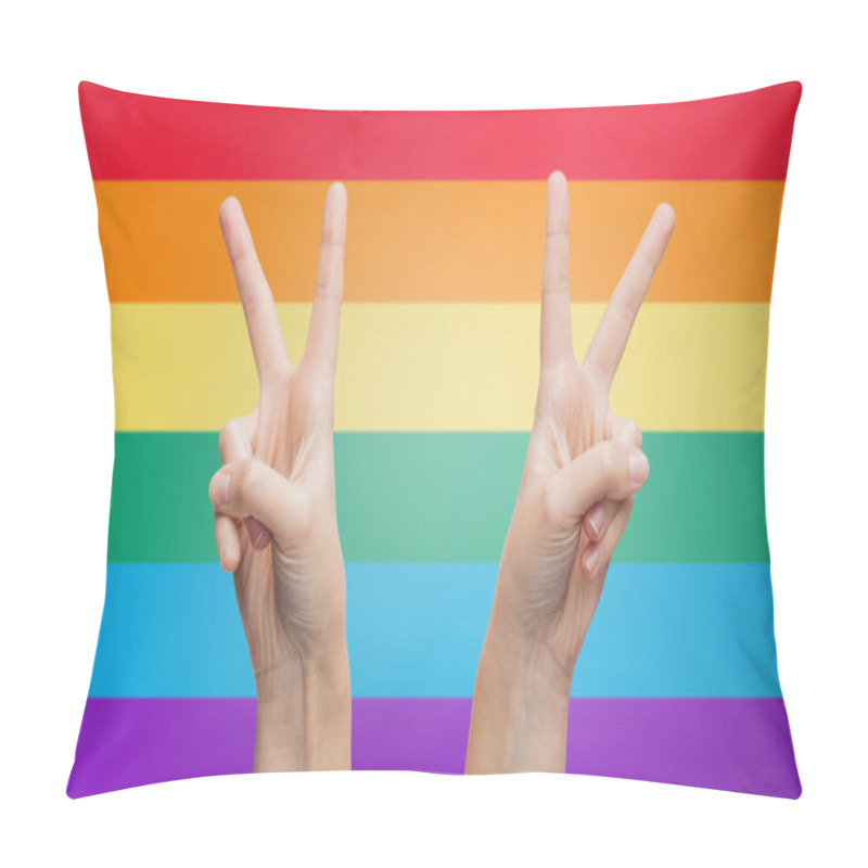 Personality  Hands Showing Peace Sign Over Rainbow Stripes Pillow Covers