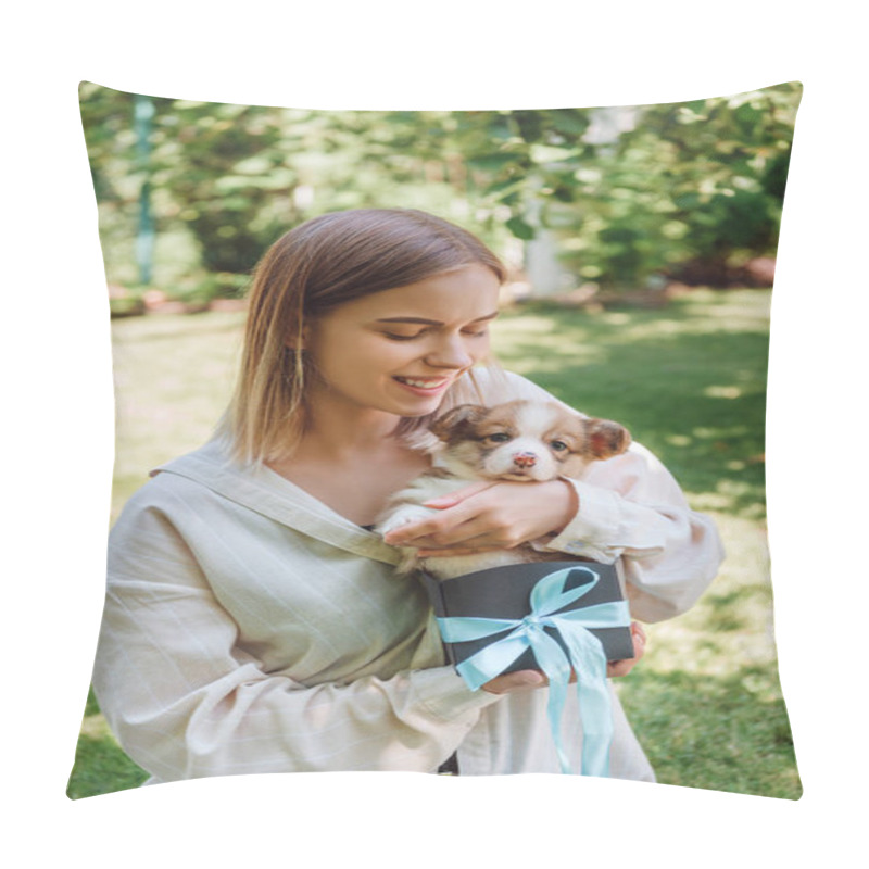 Personality  Blonde Happy Girl In Green Garden With Cute Puppy In Gift Box Pillow Covers