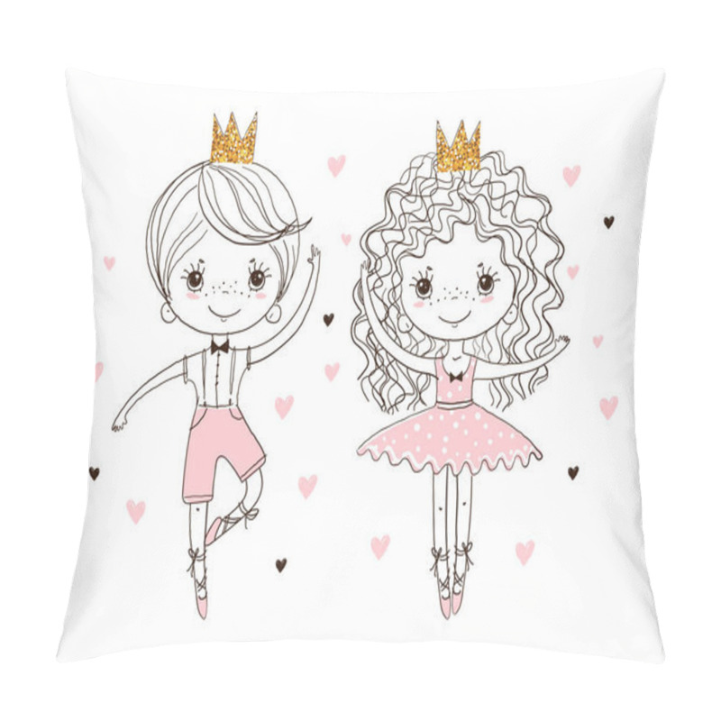 Personality  Little Prince And Princess In Pointe Shoes Are Dancing Ballet. A Boy And A Girl Are Engaged In Dancing. Cute Doodle Illustration, Linear Hand Drawing. Vector Isolated On White Background. Pillow Covers