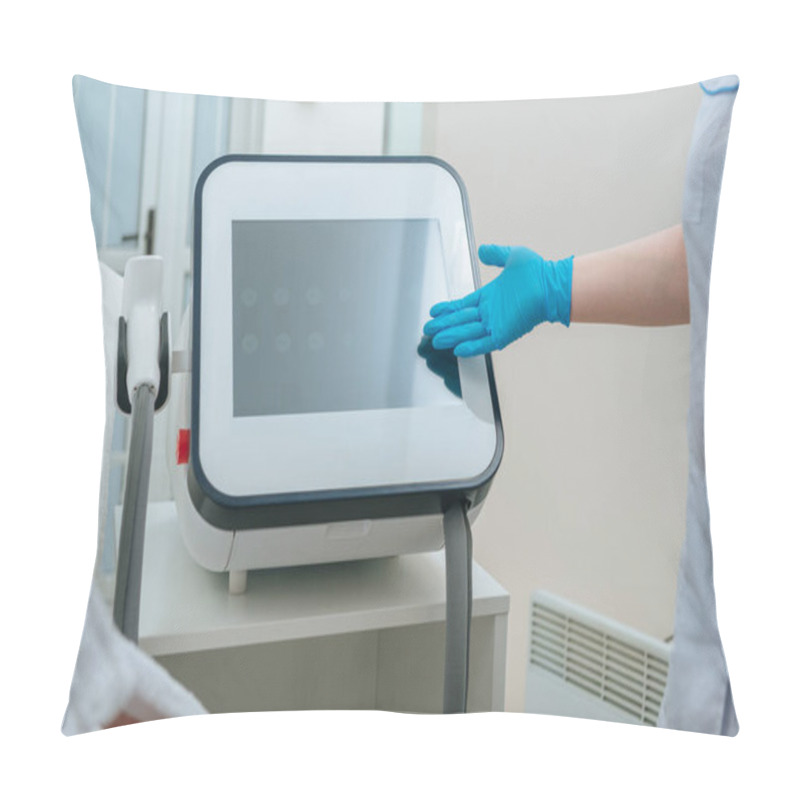 Personality  Partial View Of Cosmetologist In Rubber Glove Touching Laser Machine In Clinic Pillow Covers