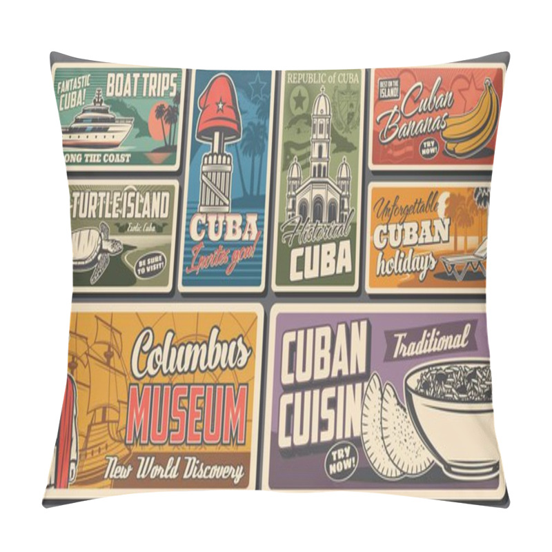 Personality  Travel To Cuba Retro Vector Banners. Boat Trip Along Coast, Columbus Museum And Cuban Cuisine, Historical Landmarks And Famous Places. Tourism And Traveling To Exotic Country, Vintage Cards Design Pillow Covers