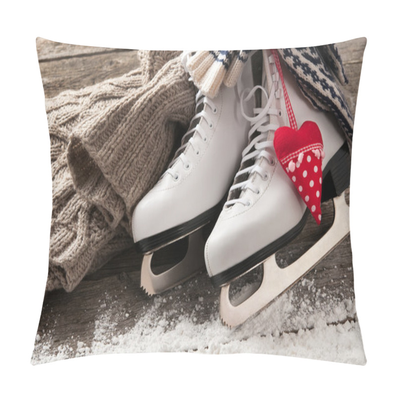 Personality  White Ice Skates On Old Wooden Boards Pillow Covers