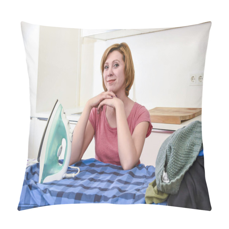 Personality  Happy Woman Or Housewife Ironing Shirt At Home Kitchen Using Iro Pillow Covers