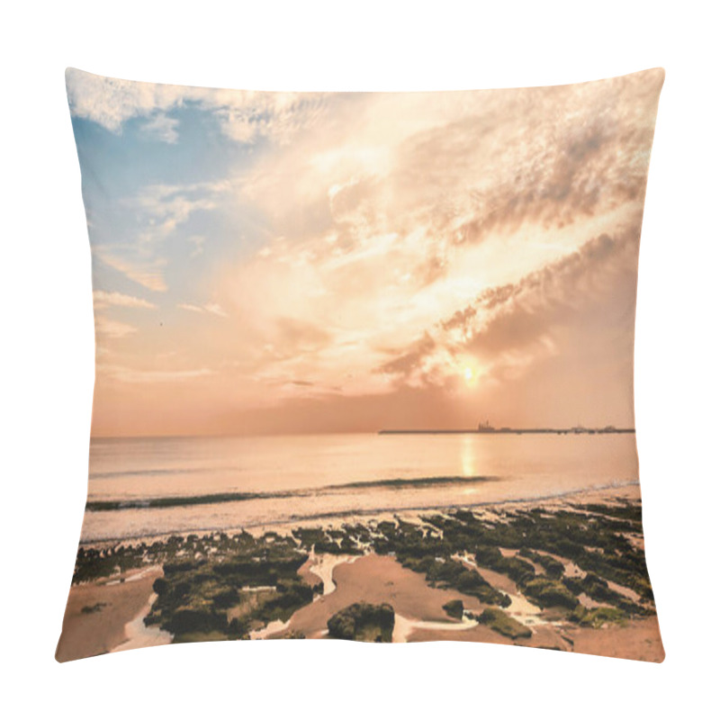 Personality  Beautiful Beach At Sunset With A Vibrant Sky In Orange And Blue Hues. Gentle Waves Meet The Rocky Shore, Reflecting The Warm Colors Of The Setting Sun. Ideal For Travel And Nature-themed Projects. Pillow Covers