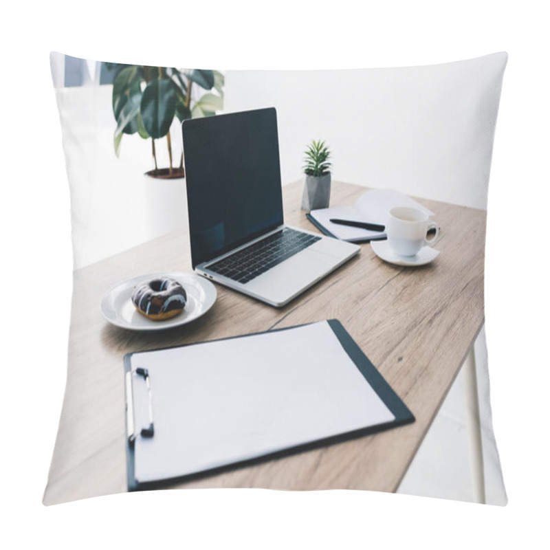 Personality  Closeup View Of Empty Clipboard, Doughnut, Coffee Cup, Potted Plant, Textbook And Laptop On Wooden Table  Pillow Covers