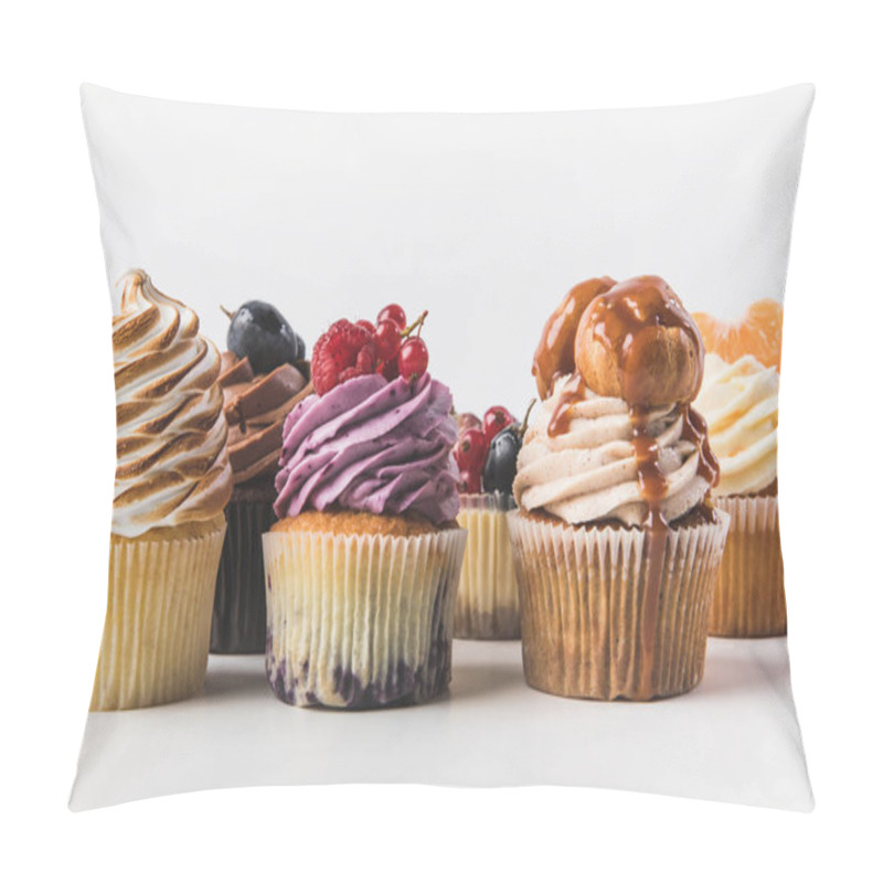 Personality  Close Up View Of Various Sweet Cupcakes Isolated On White Pillow Covers