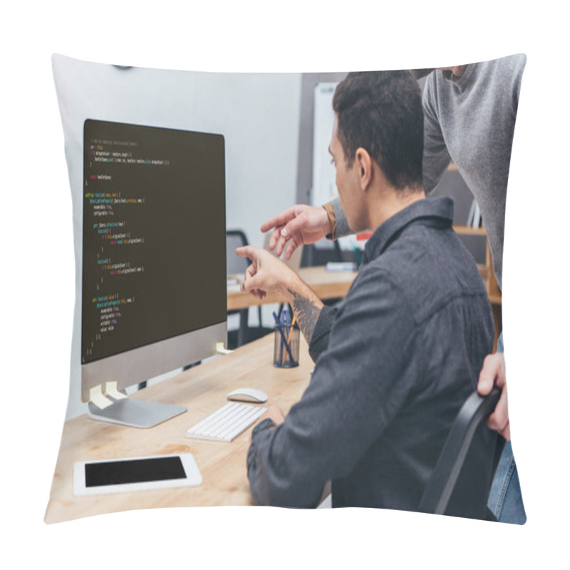 Personality  Cropped Shot Of Business Colleagues Using Desktop Computer With Html Code On Screen In Office Pillow Covers