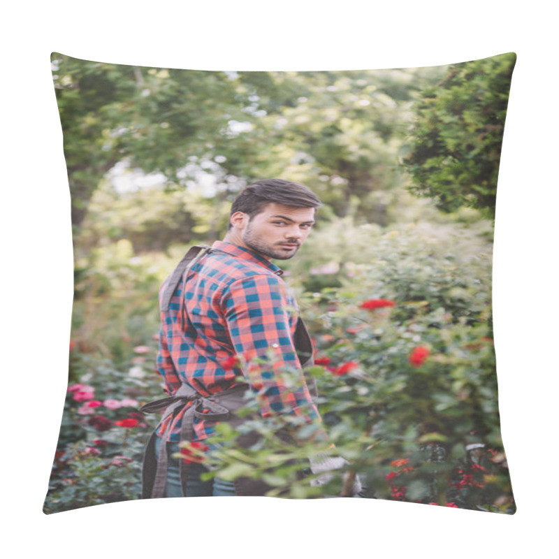 Personality  Gardener In Apron Walking In Garden Pillow Covers