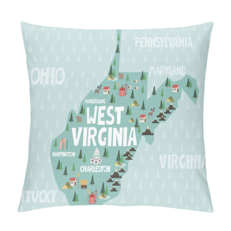 Personality  Illustrated Map Of The State Of West Virginia In United States With Cities And Landmarks. Editable Vector Illustration Pillow Covers