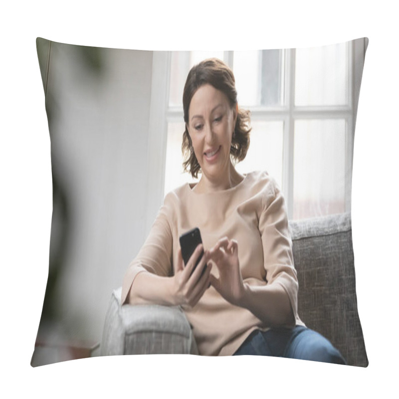 Personality  Smiling Mature Woman Texting On Smartphone At Home Pillow Covers