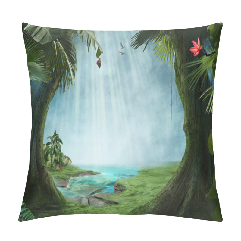 Personality  Beautiful Jungle Beach Lagoon View With Palm Trees And Tropical Leaves, Can Be Used As Background Pillow Covers