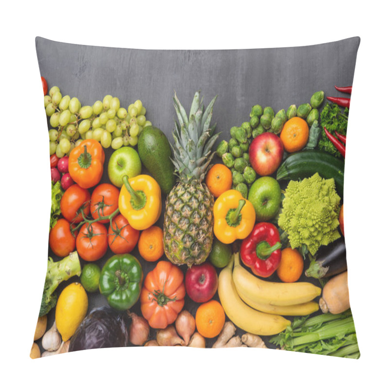 Personality  Healthy Eating Ingredients: Fresh Vegetables, Fruits And Superfood. Nutrition, Diet, Vegan Food Concept. Concrete Background Pillow Covers