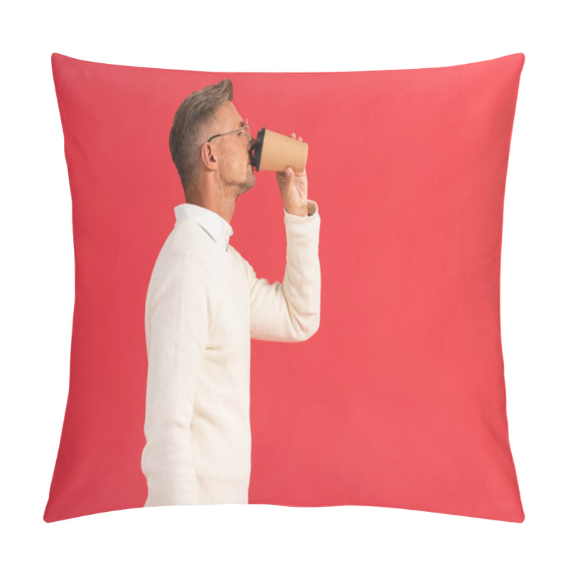 Personality  Handsome Man In Glasses Drinking Coffee To Go Isolated On Red  Pillow Covers