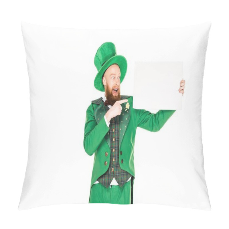 Personality  Leprechaun In Green Suit Pointing At Blank Placard, Isolated On White Pillow Covers