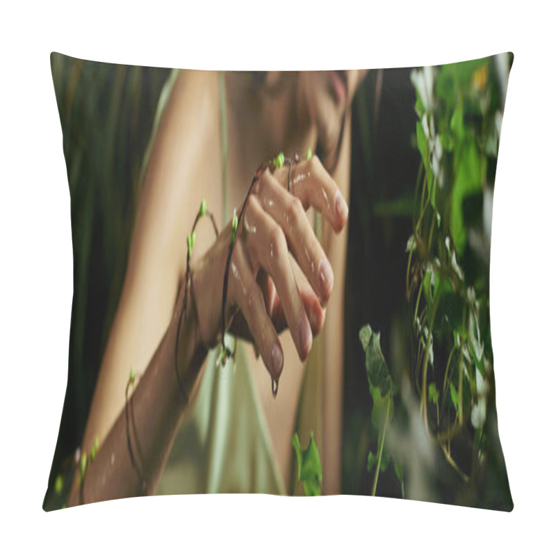 Personality  A Woman Wearing Flowing Attire Poses Amidst Lush Greenery Near A Swamp. Pillow Covers