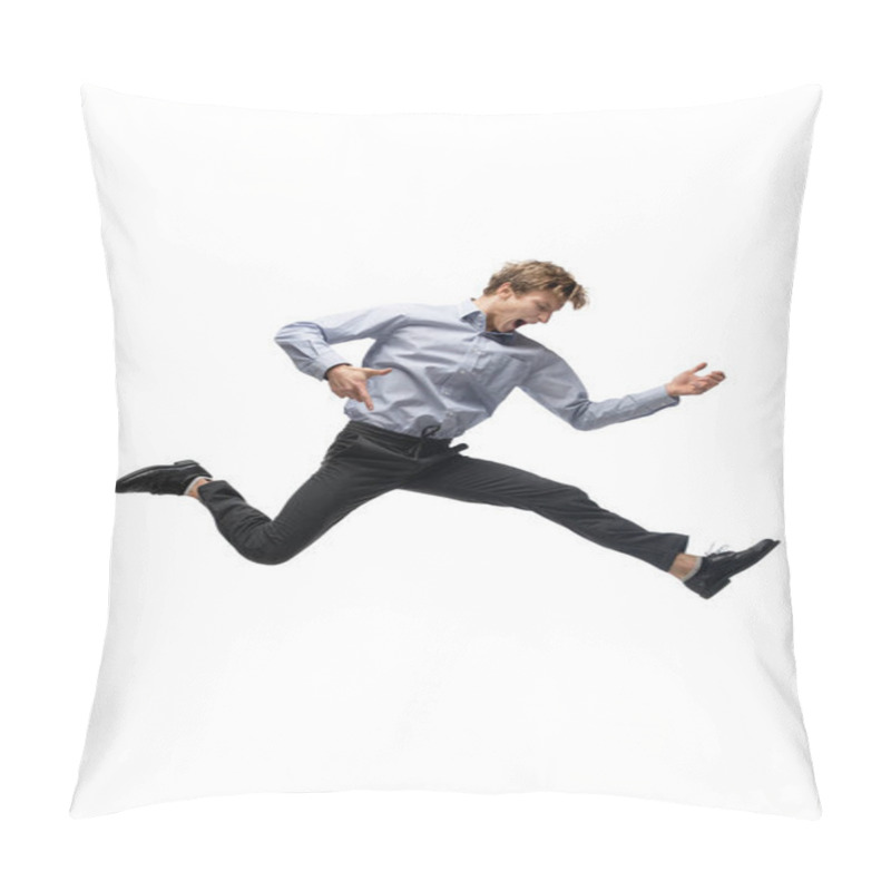 Personality  Happy Young Man Dancing In Casual Clothes Or Suit, Remaking Legendary Moves Of Celebrity From Culture History Pillow Covers