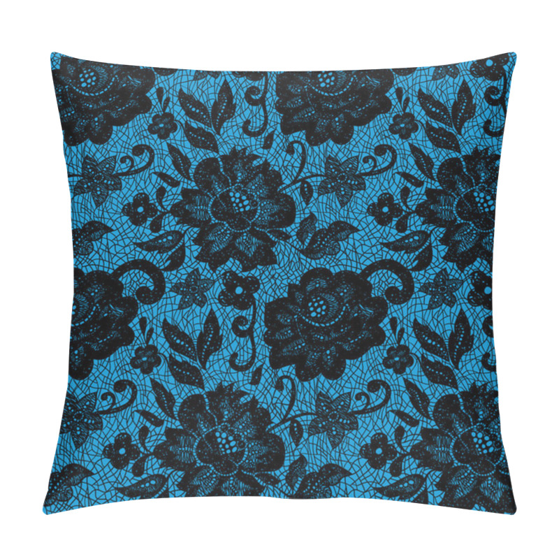 Personality  Black Lace Flower On Blue Pillow Covers