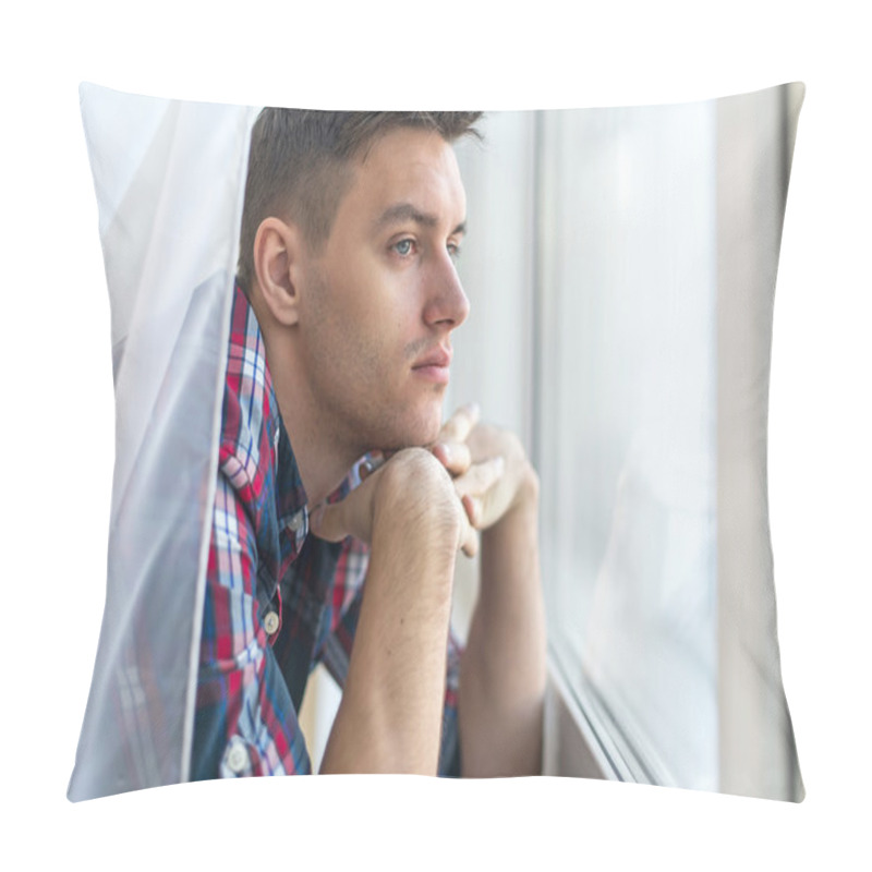 Personality  Handsome Pensive Man Guy Watching Through The Window Concept Sadness Sorrow Pain Waiting Pillow Covers