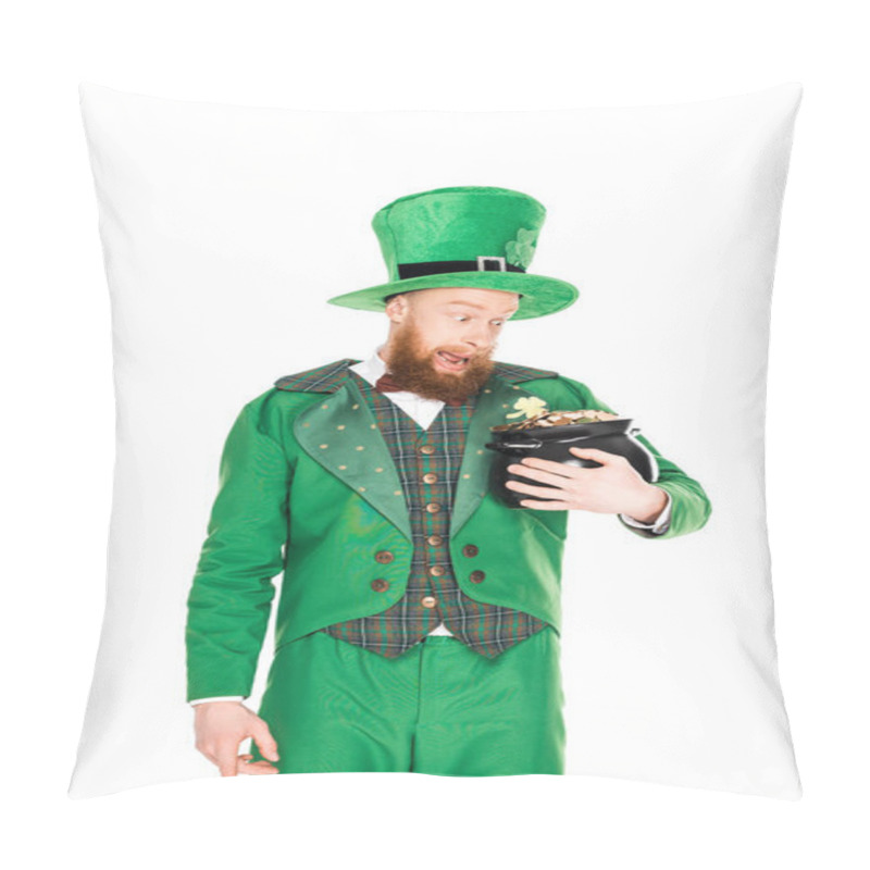 Personality  Excited Leprechaun Looking At Pot Of Gold, Isolated On White  Pillow Covers