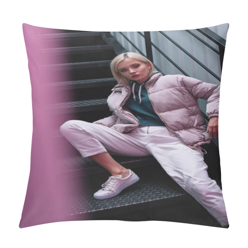 Personality  Blonde Girl In Down Jacket Sitting On Stairs And Looking At Camera Pillow Covers