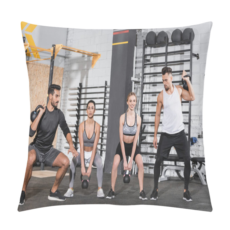 Personality  Smiling Multiethnic People Training With Kettlebells In Sports Center  Pillow Covers