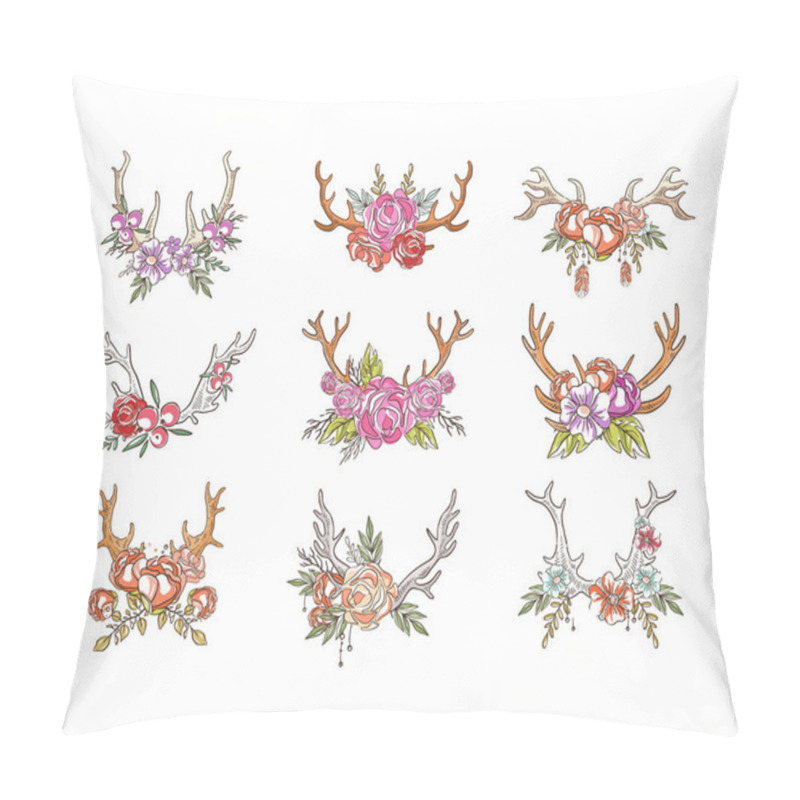 Personality  Deer Horns With Flowers Set, Hand Drawn Floral Composition With Antlers Vector Illustrations On A White Background Pillow Covers