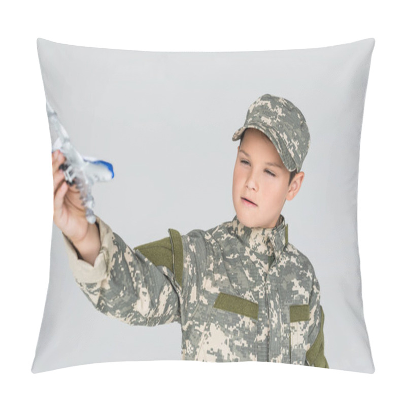 Personality  Portrait Of Little Boy In Military Uniform With Toy Plane In Hand Isolated On Grey Pillow Covers