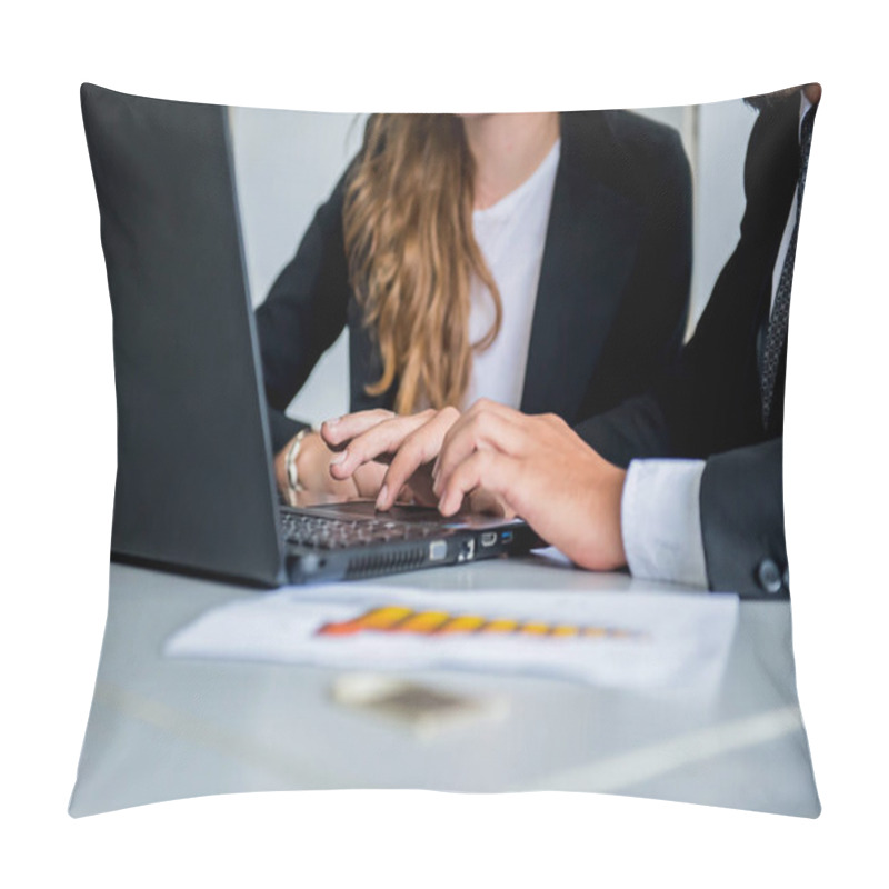 Personality  Close-up Shot Of Modern Laptop On Workplace In Office Pillow Covers