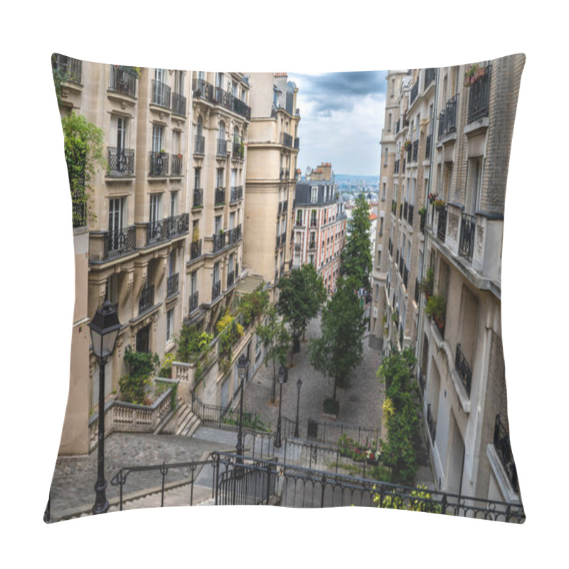 Personality  Narrow Alley With Ancient Buildings  And Stairs At Montmartre Hill In Paris, France Pillow Covers