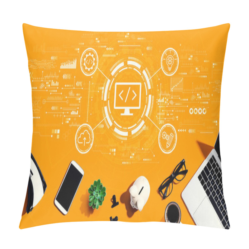 Personality  Web Development Concept With Electronic Gadgets And Office Supplies - Flat Lay Pillow Covers