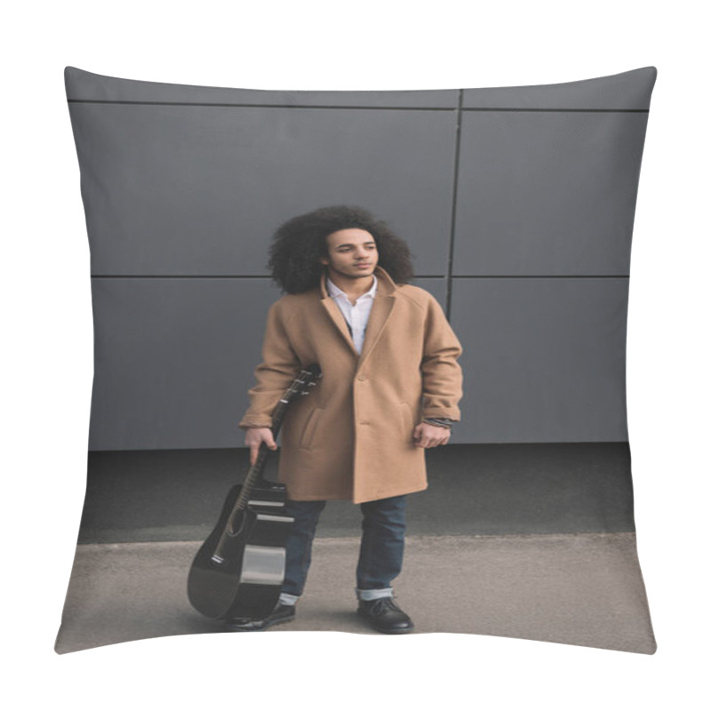 Personality  Stylish Street Musician Standing With Guitar Outdoors Pillow Covers