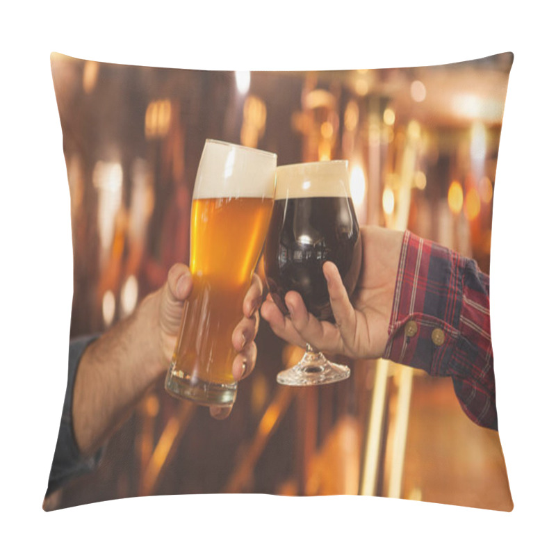 Personality  Cropped Close Up Of Two Men Clinking Beer Glasses Together, Celebrating At The Beer Pub. Professional Brewers Toasting With Their Beer Glasses. Success Celebration, Oktoberfest Festival Concept Pillow Covers