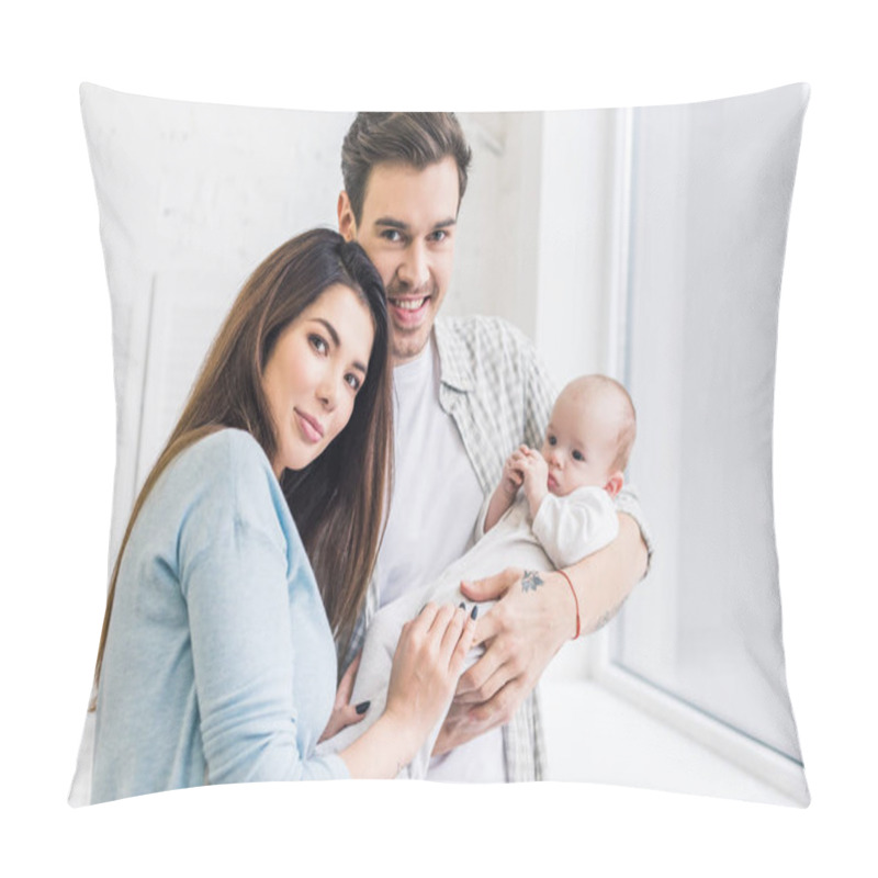 Personality  Portrait Of Young Parents With Baby At Home Pillow Covers