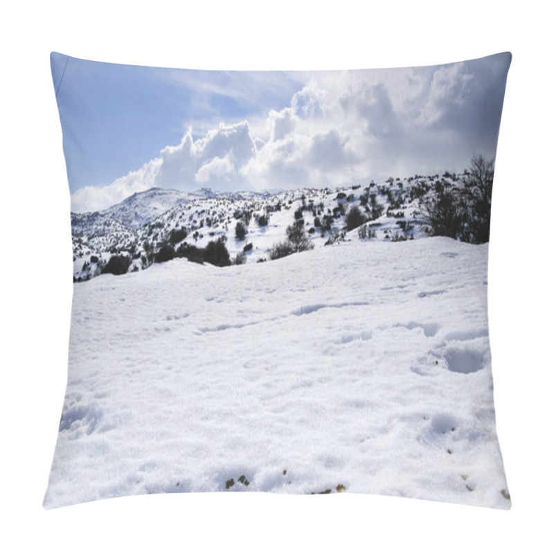 Personality  Pristine Snow, Hiking Paths And Trails At Over 2000 M Altitude On Psiloritis Mountain Frozen Heights. Heraklion, Crete Greece Pillow Covers