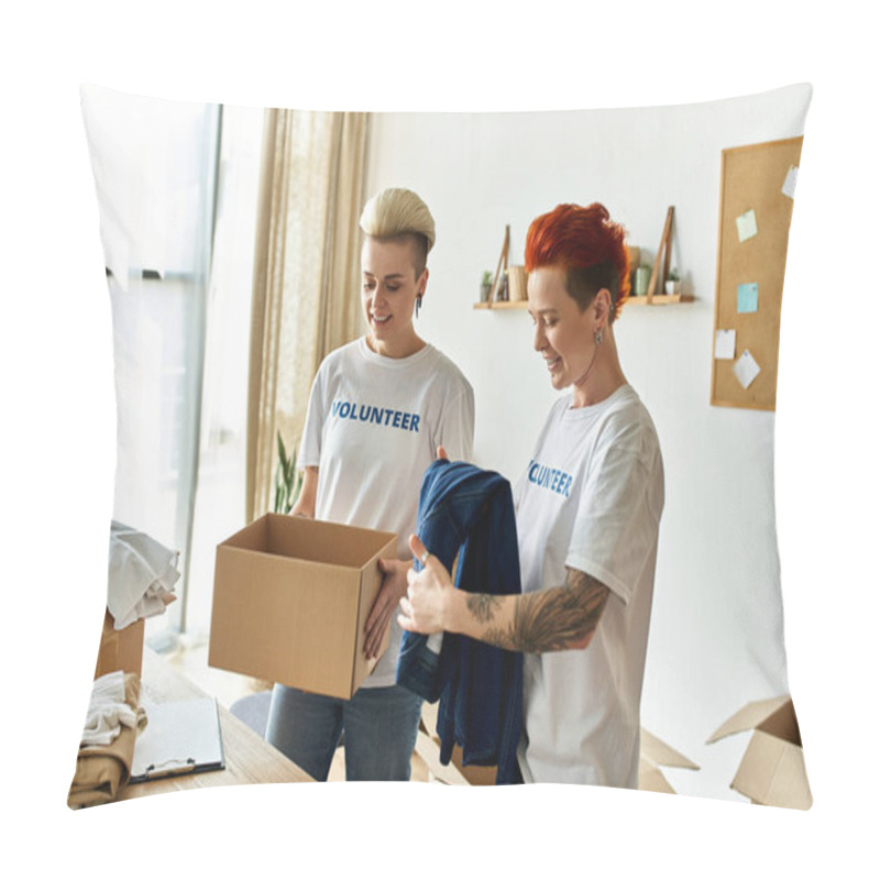 Personality  A Young Lesbian Couple Wearing Volunteer T-shirts Unpack A Box Of Clothes Together, Engaged In Charity Work. Pillow Covers