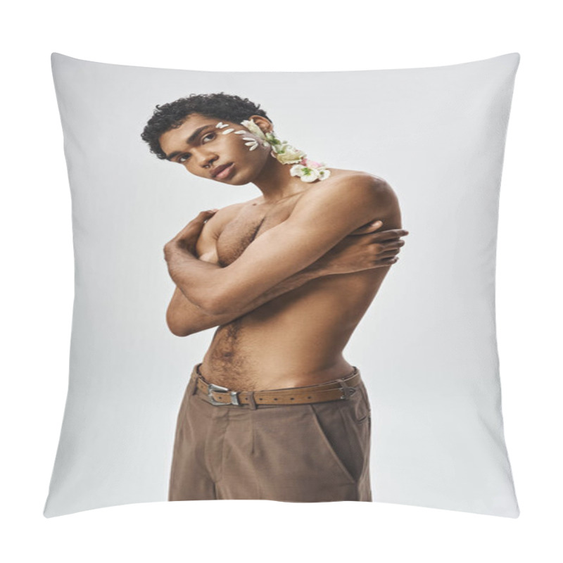 Personality  A Young, Muscular African American Man With Flowers On His Body And Face Poses Against A Grey Backdrop. Pillow Covers