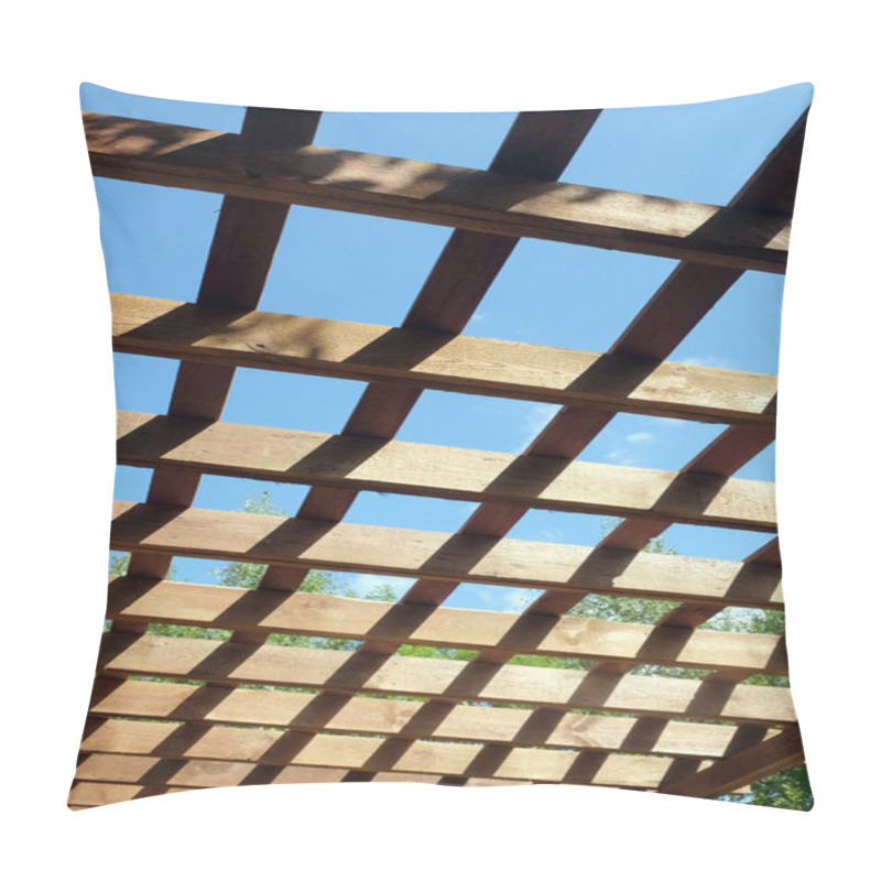 Personality  Top Of Brown Wooden Pergola On Sunny Summer Day Side View Outdoor Pillow Covers